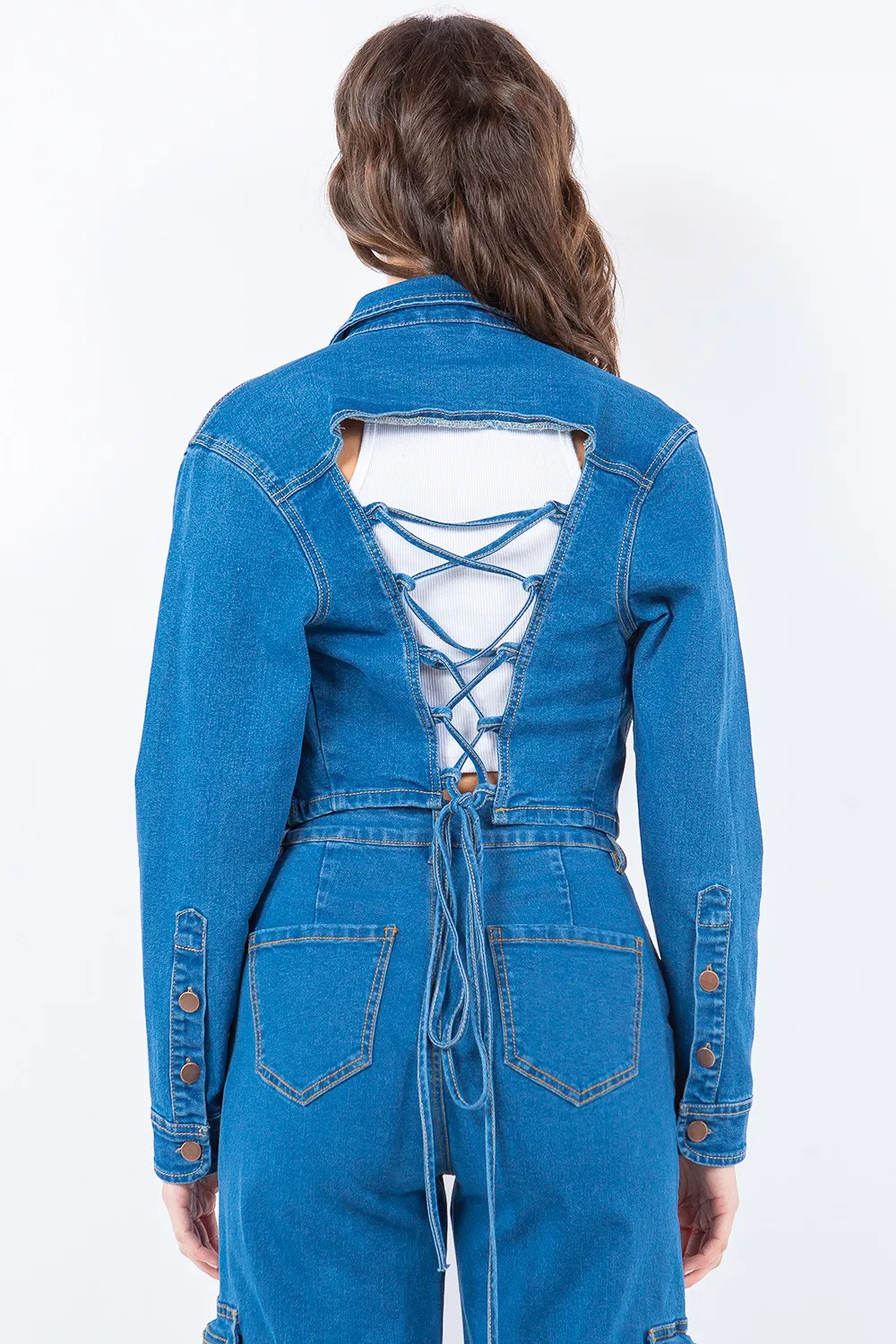 Croppad denimjacka med snörning bak