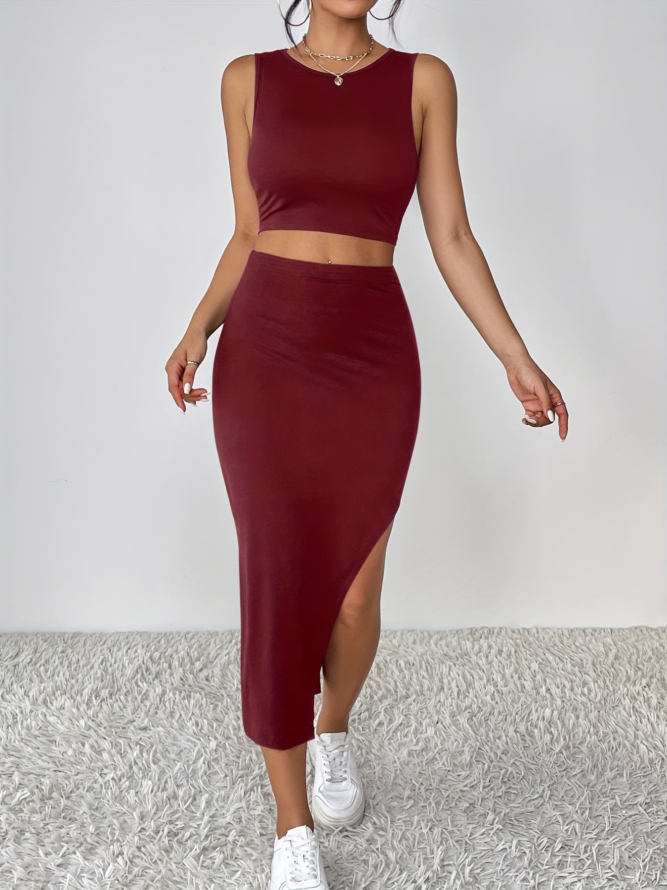 Set av cropped linne och kjol med hög midja och slits