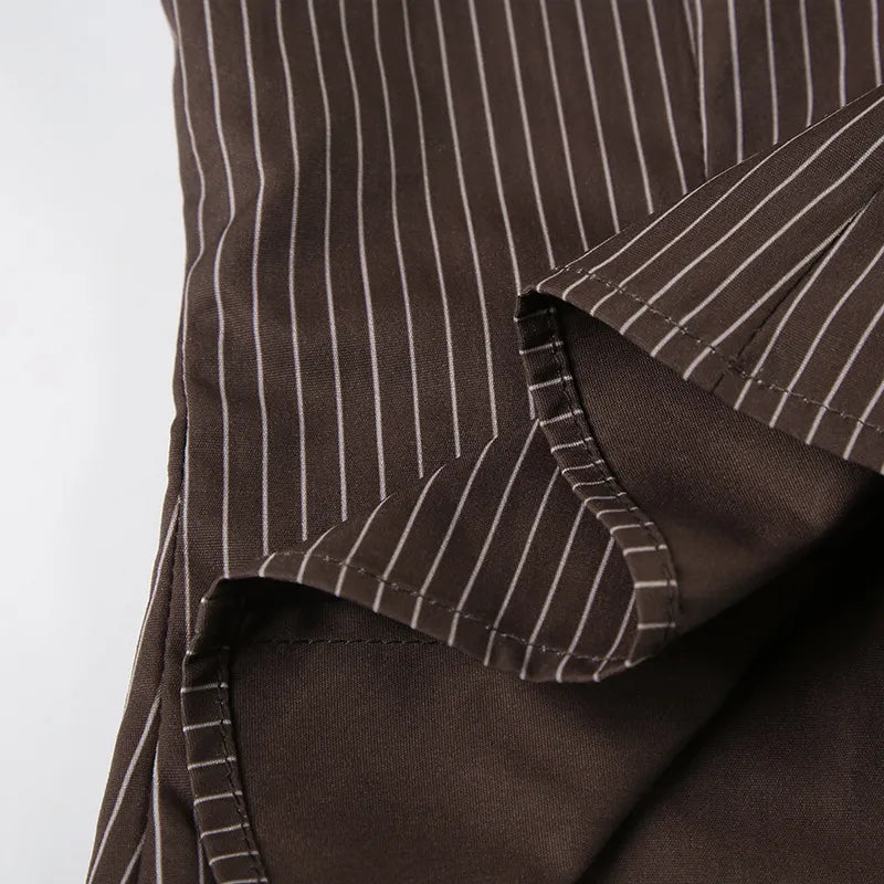 Chokladbrun kritstrecksrandig skjorta med klockärmar