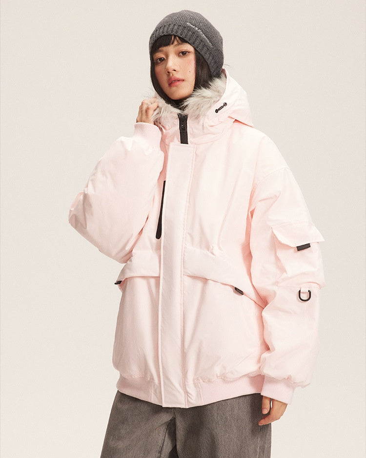 Rosa parkas med huva och fuskpäls