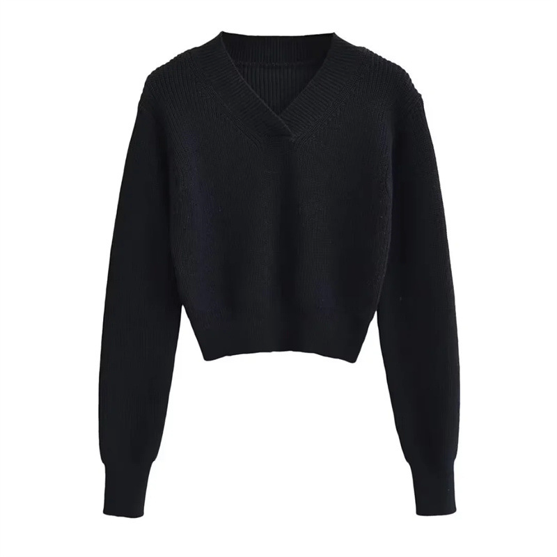 V-ringad tjock pullover croppad tröja