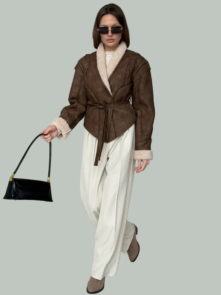 Brun omlottjacka med knytskärp och mjuk kant