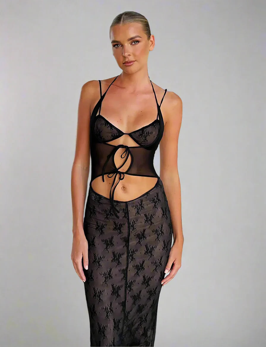 Lyxig transparent långklänning med utskärning