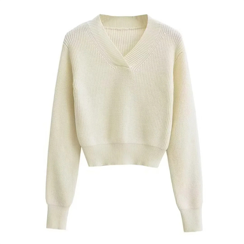 V-ringad tjock pullover croppad tröja