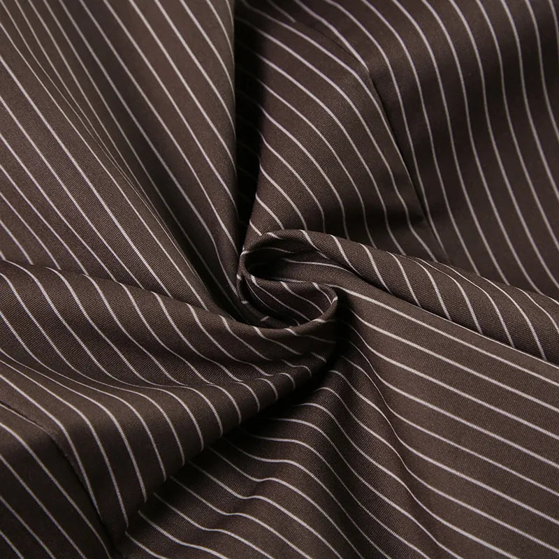 Chokladbrun kritstrecksrandig skjorta med klockärmar