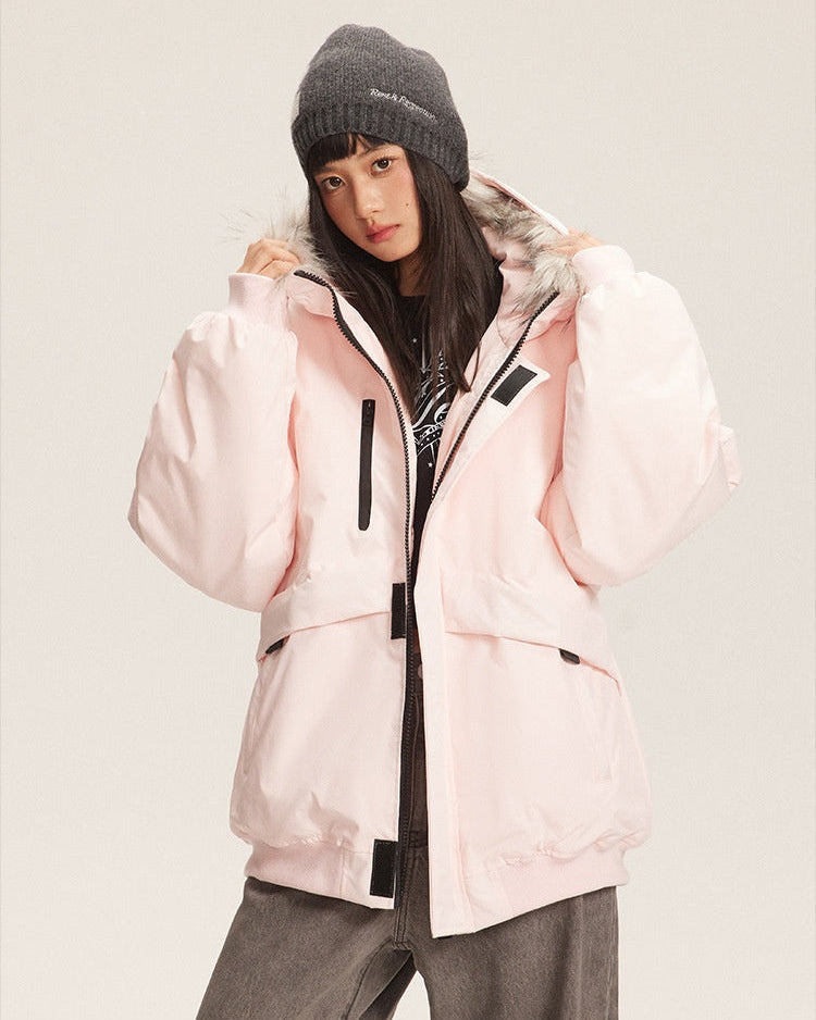 Rosa parkas med huva och fuskpäls