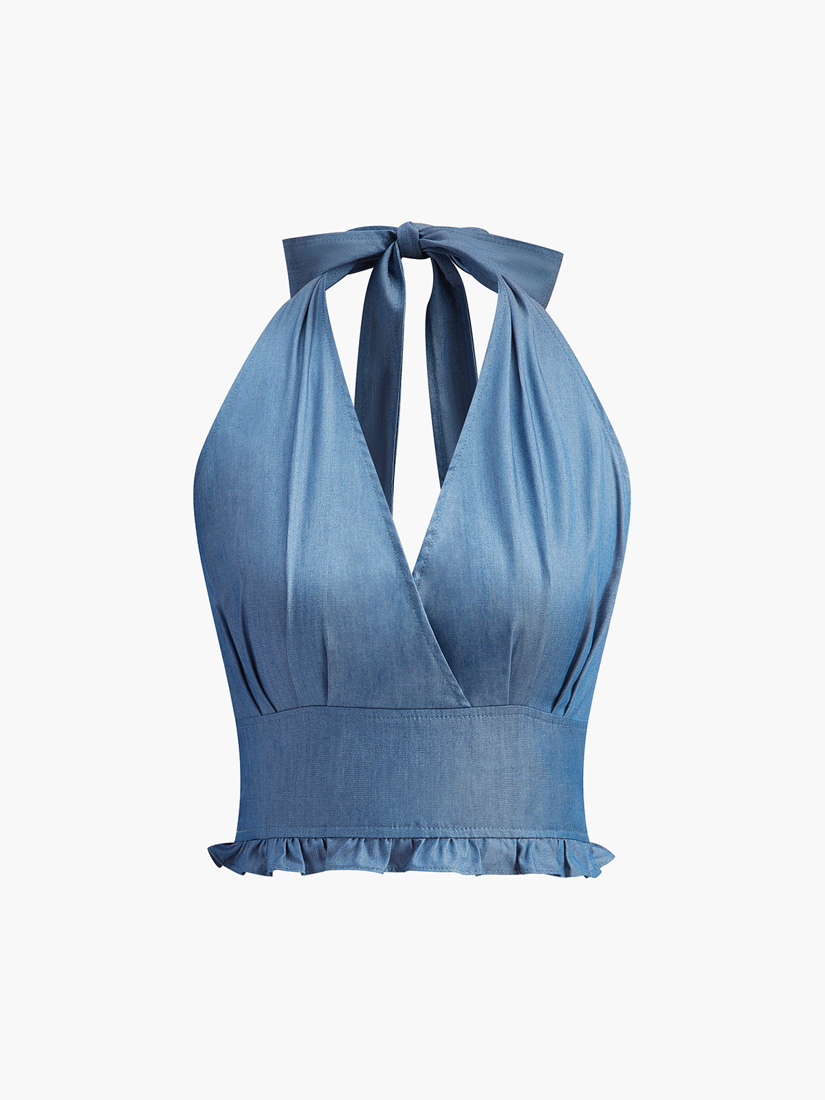 Blå denim haltertopp med volangkant