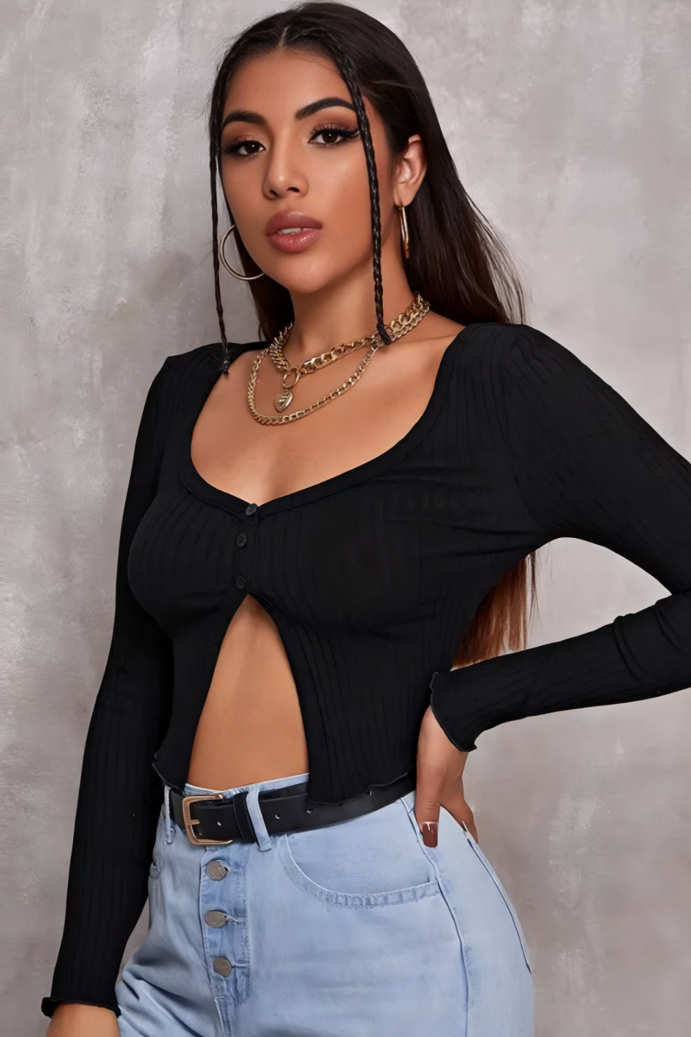 Ribbad Crop Top med Knäppning