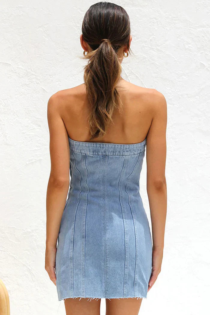 Ljusblå Axelbandslös miniklänning i denim