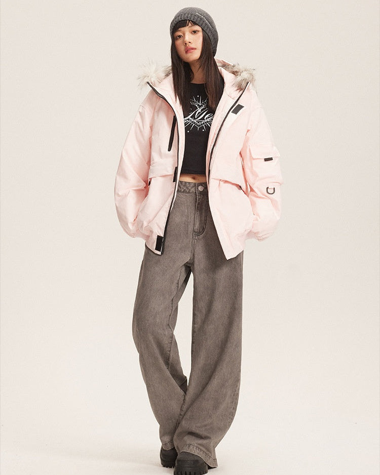 Rosa parkas med huva och fuskpäls