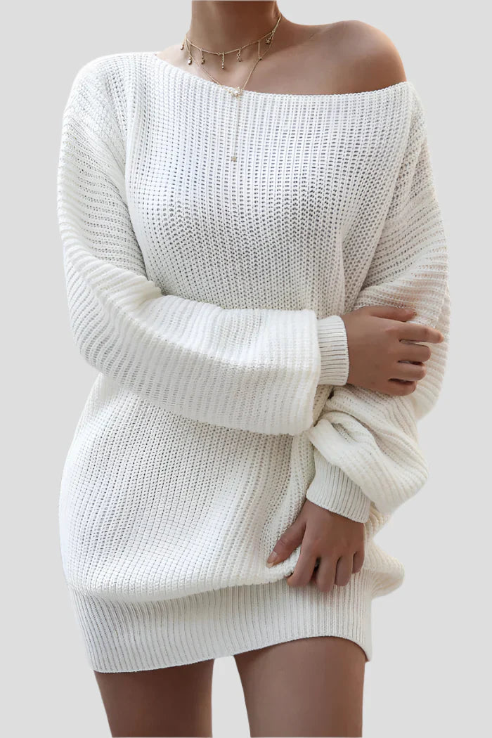 Vit stickad off-shoulder-tröjklänning