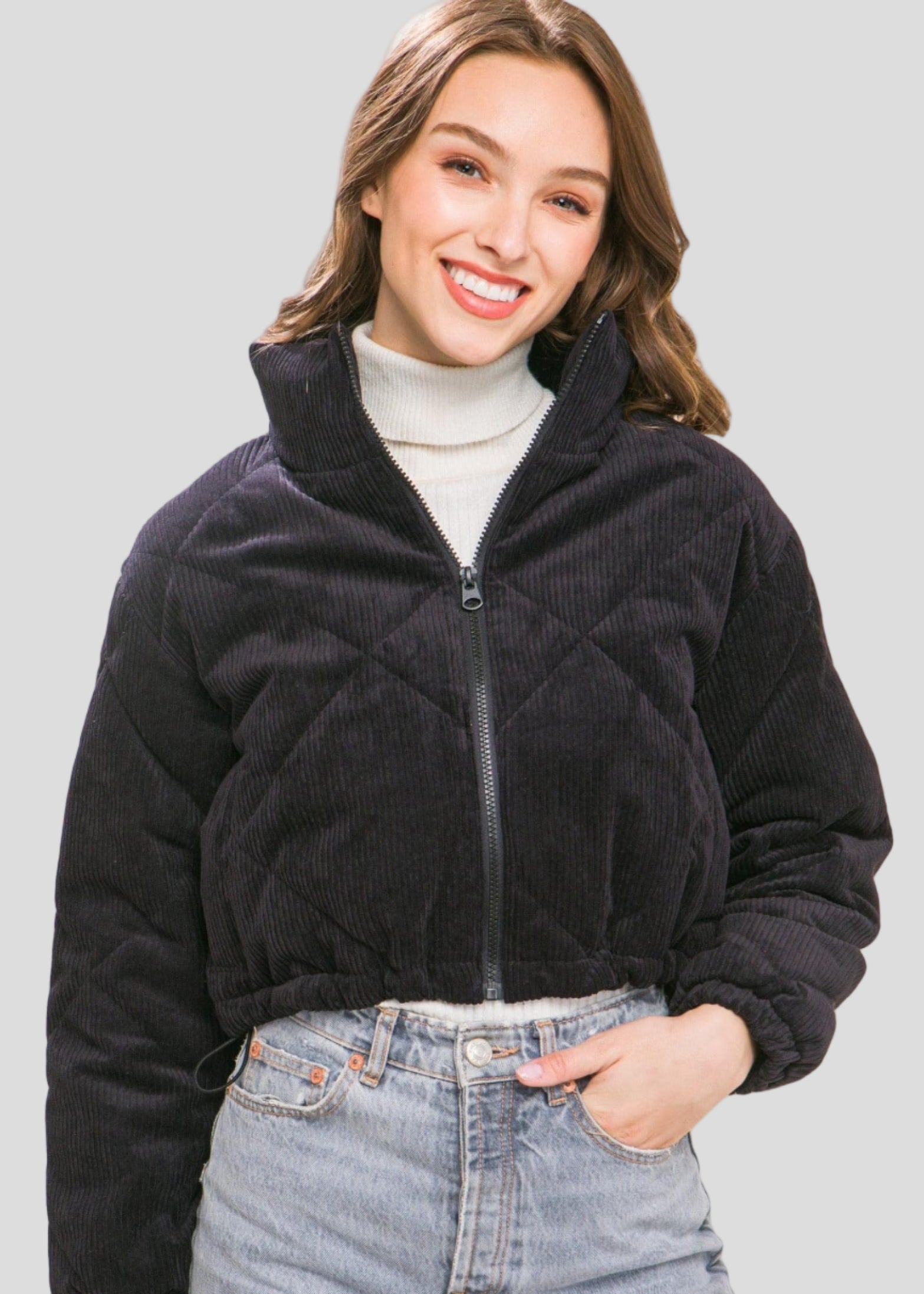 imgi 128 J METHOD Women s Corduroy Crop Jacket Long Sleeve High Neck Cropped Casual Puffer Coat 8321c