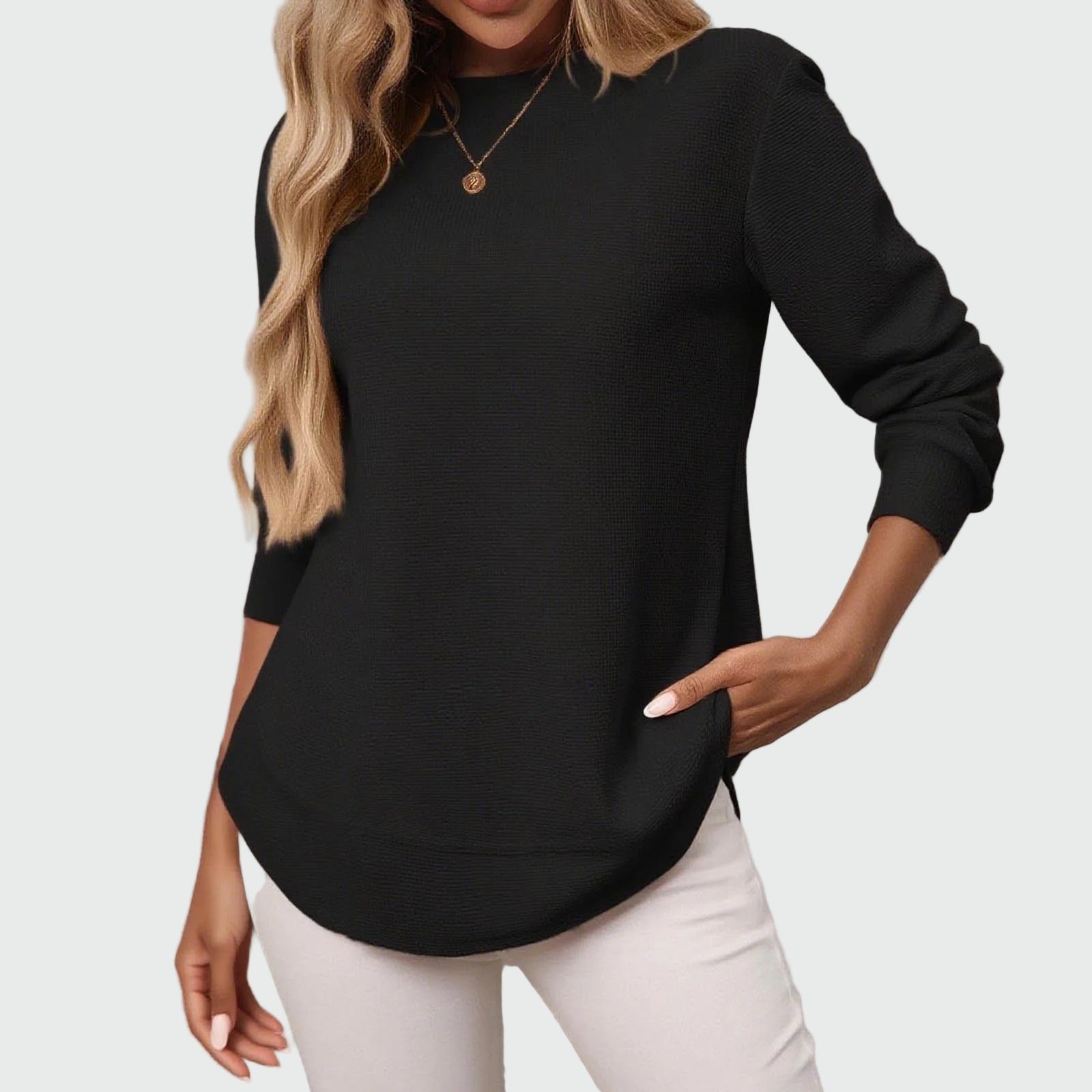 Lång sweatshirt i våffelstruktur med rundad nederkant