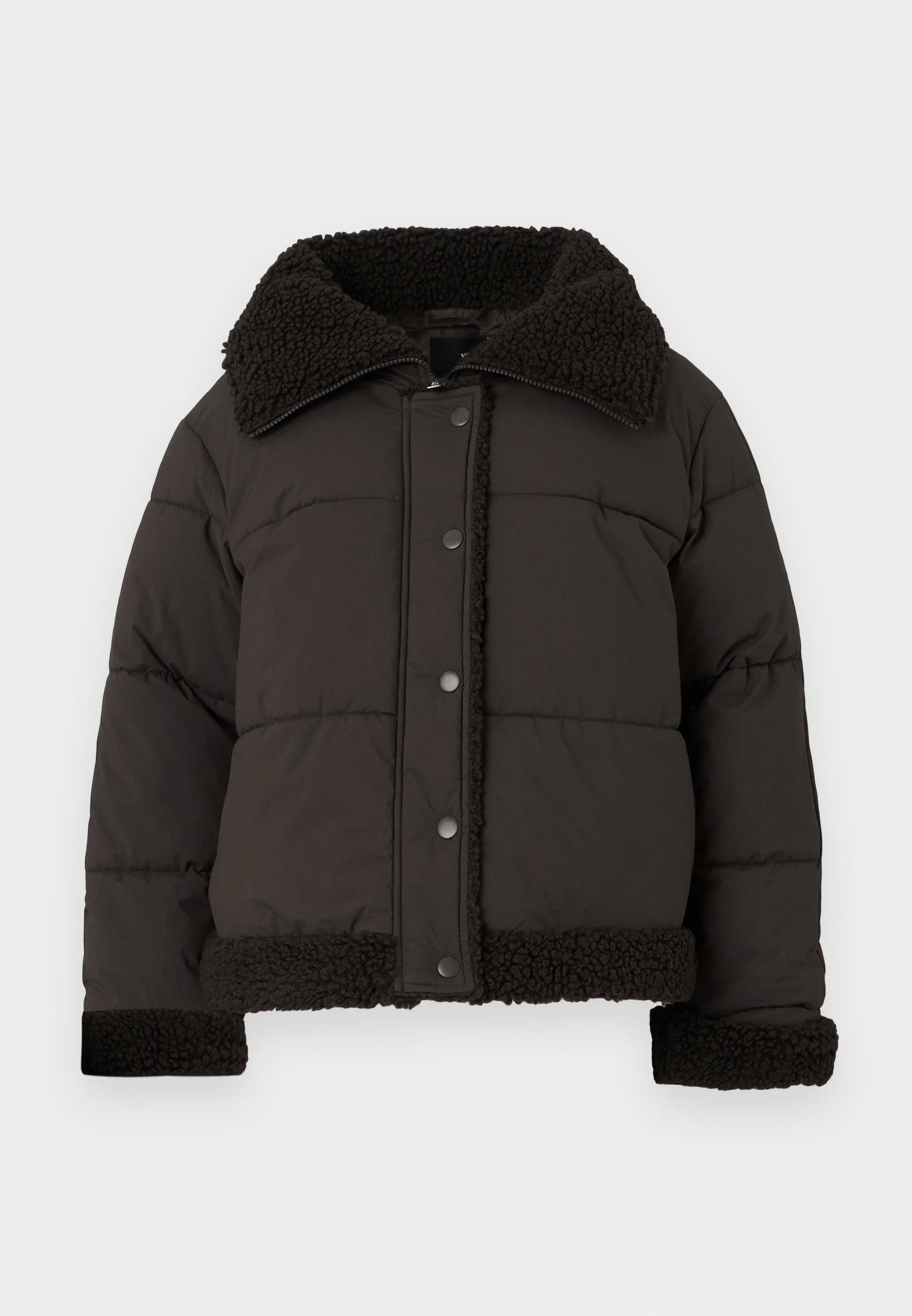 Mörkbrun kort pufferjacka med svart teddykrage och fåll