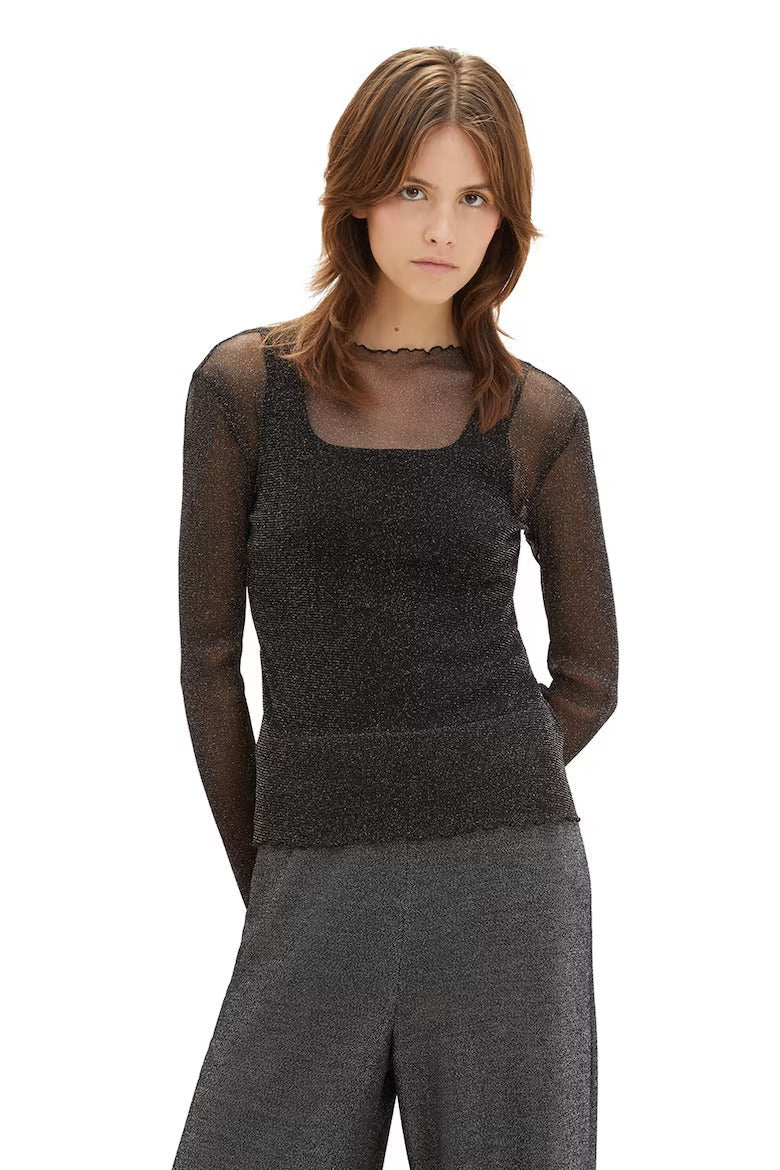 Svart glittrig topp med transparenta ärmar