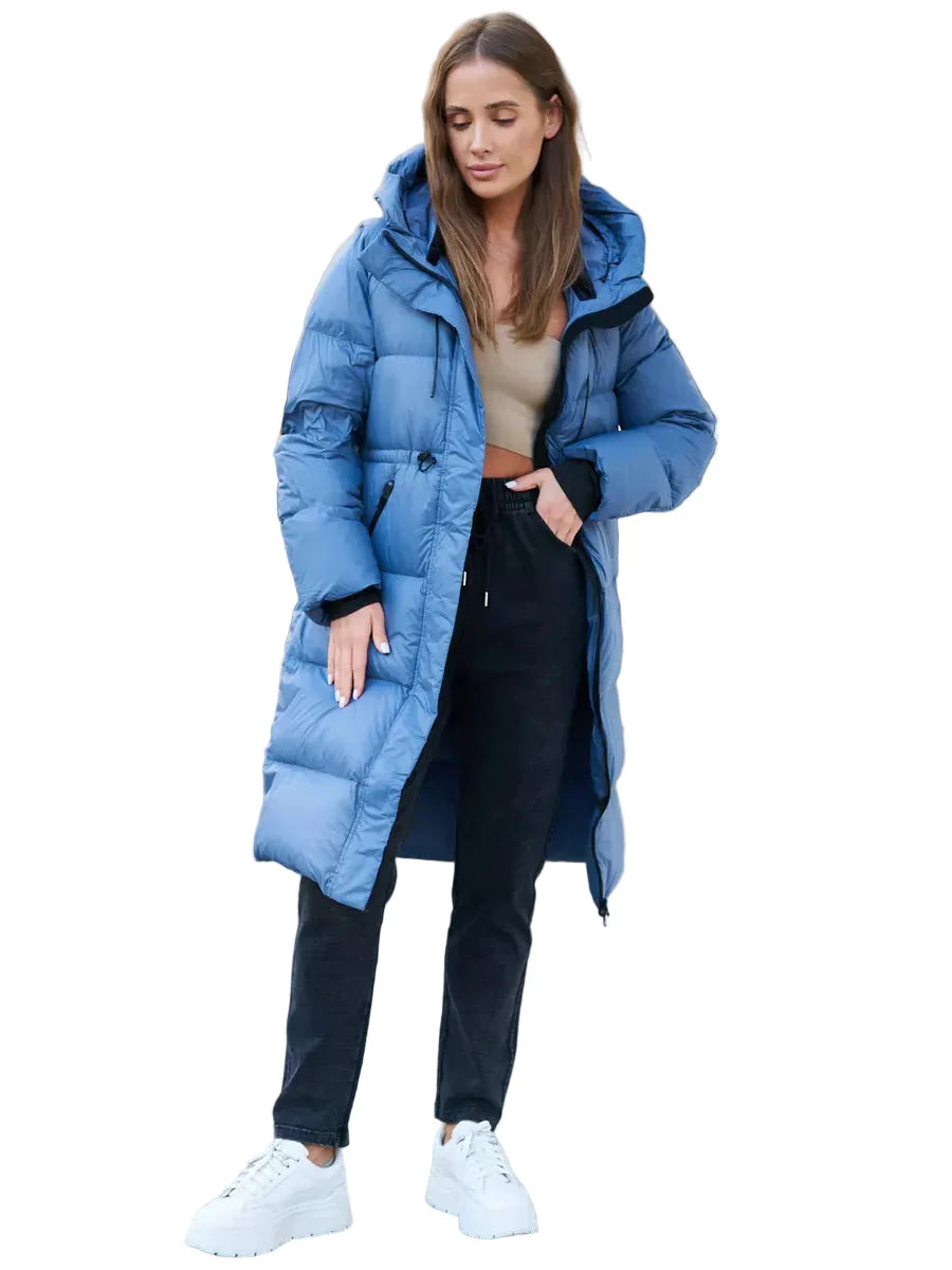Lång pufferparkas med huva – justerbar midja och dragkedjefickor