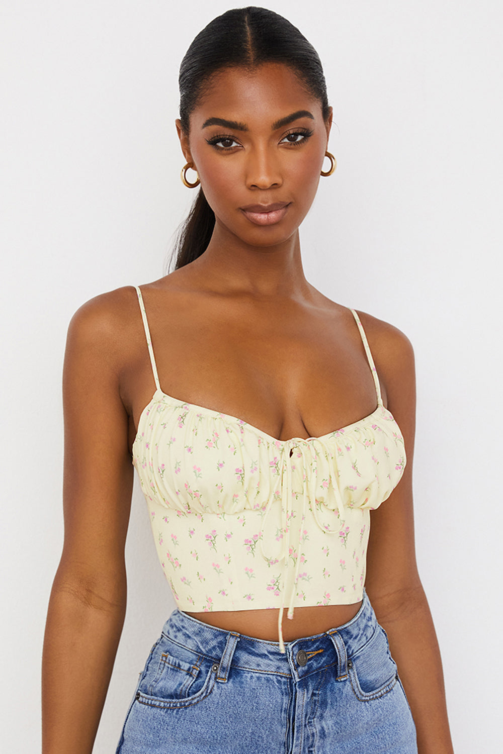 Citronfärgad blommig bustier topp med veck