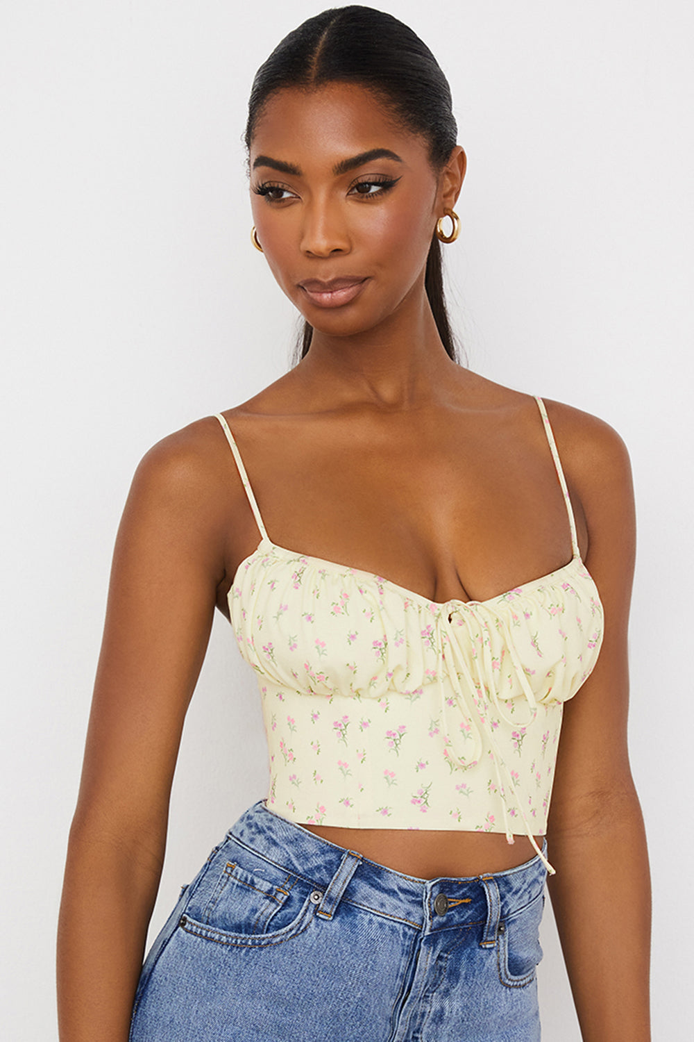 Citronfärgad blommig bustier topp med veck