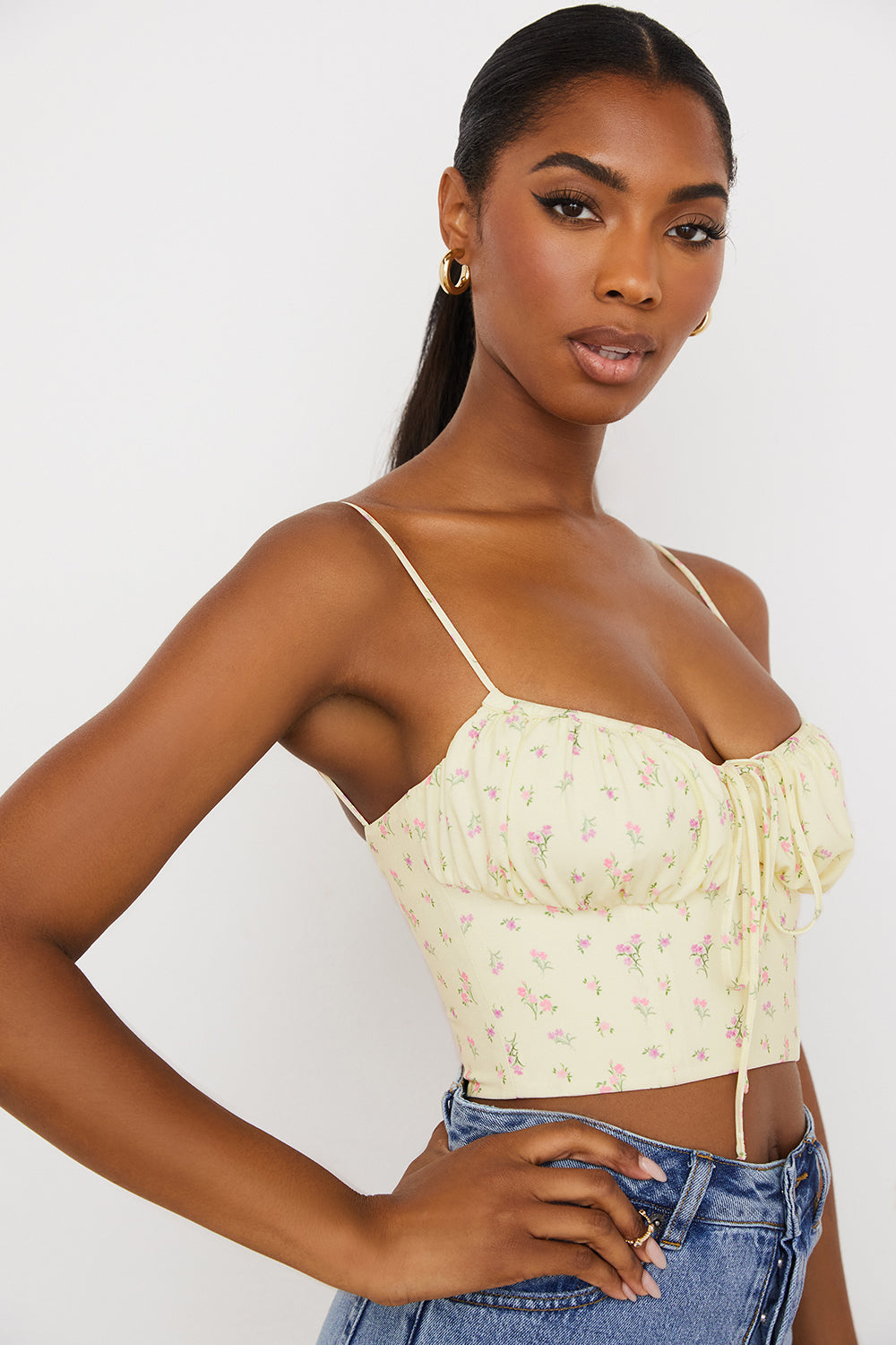 Citronfärgad blommig bustier topp med veck