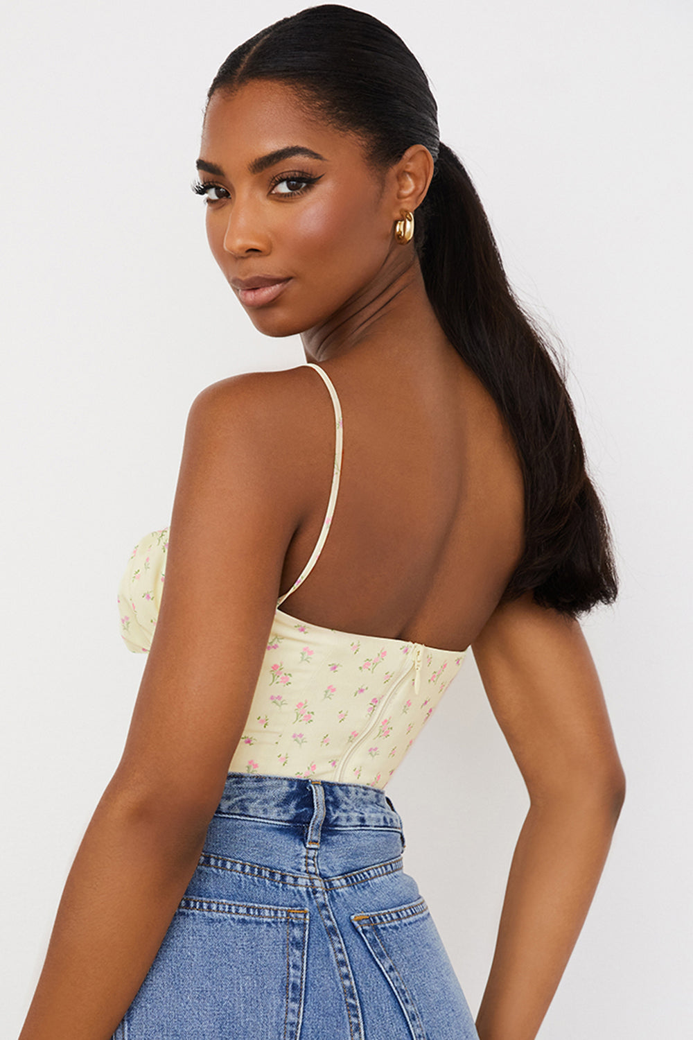 Citronfärgad blommig bustier topp med veck