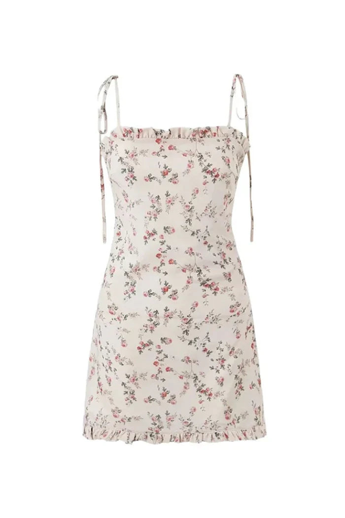 Krämfärgad miniklänning med blommönster