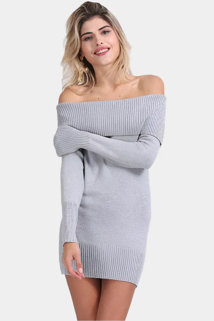 Ljusgrå off-shoulder Stickad Klänning