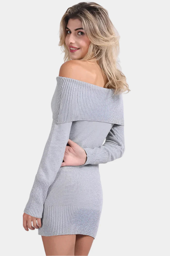 Ljusgrå off-shoulder Stickad Klänning