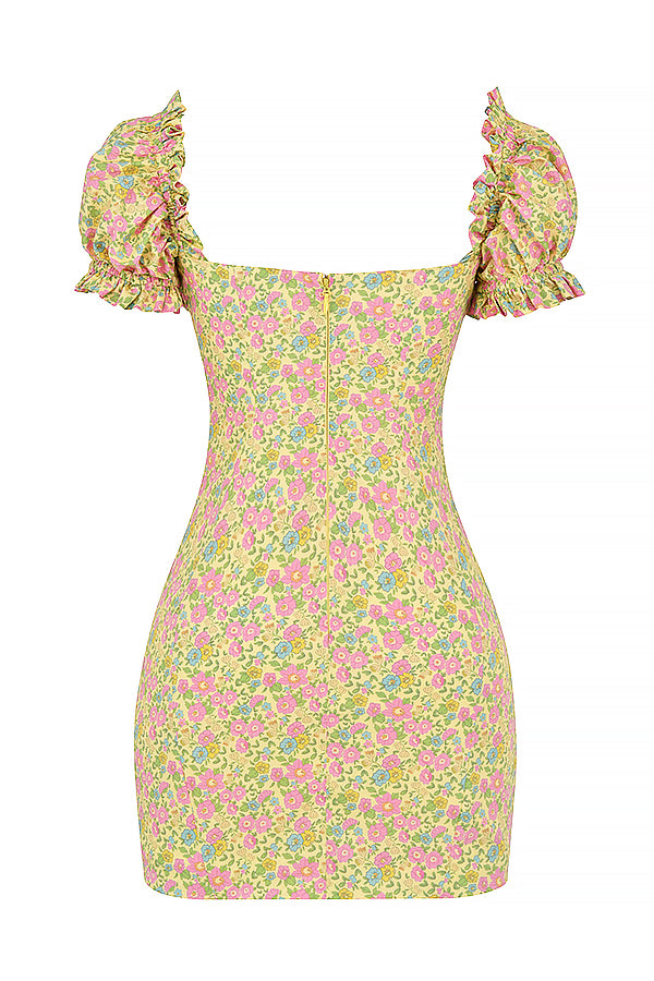 Blommig miniklänning med puffärm