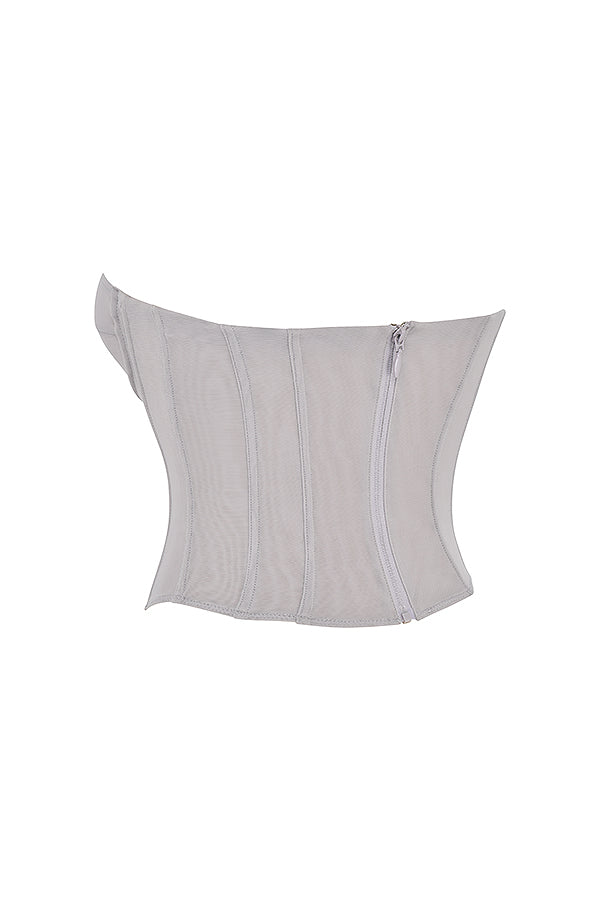 Grå jumperkorsett med plisserad lång kjol i satin